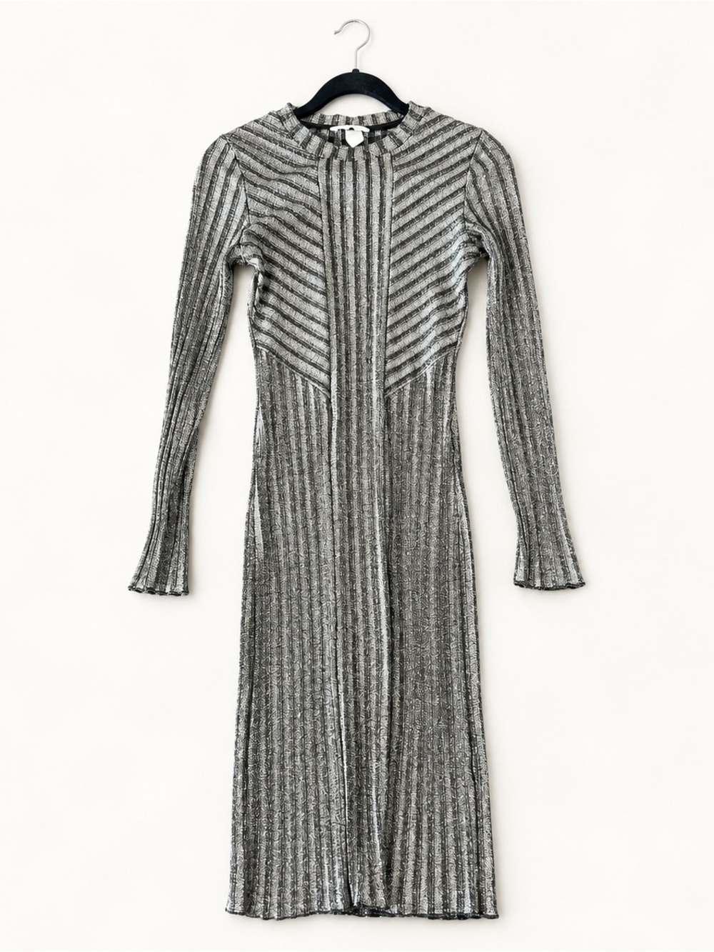 H&M Silver Metallic Ribbed Long-Sleeve Midi Dress